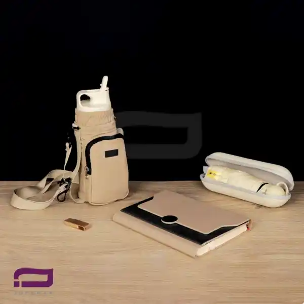 اقلام ست مدیریتی K9340 شامل سررسید رقعی، فلاسک، كيف دوشی فلاسک و قمقمه، فلش مموری 64GB، چتر رنگ کرم