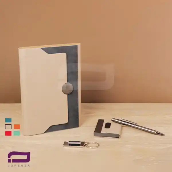 اقلام ست مدیریتی K9550 شامل سررسید رقعی، خودکار فلزی، جاکارتی چرم و فلز و جاسوئیچی در 5 رنگ کرم، سبز، قرمز، آبی و نارنجی