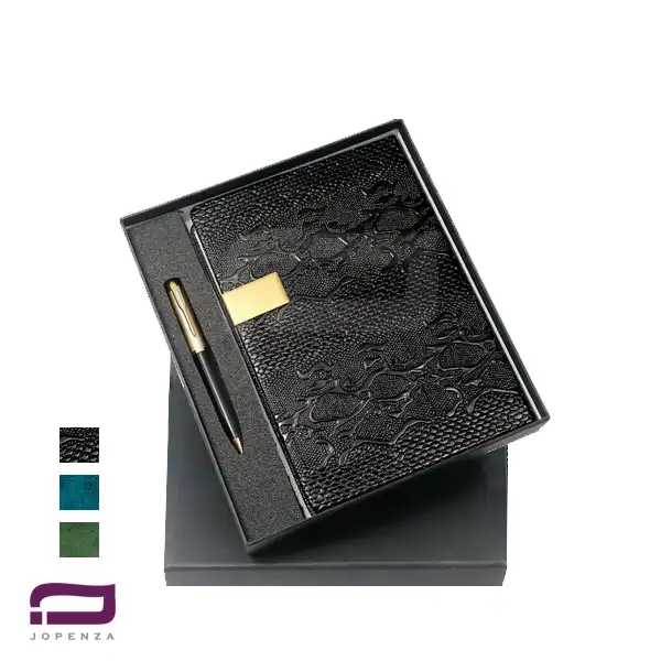 نیم ست مدیریتی O9178 شامل سالنامه وزیری و خودکار در 3 رنگ مشکی، آبی و سبز با هاردباکس مقاوم