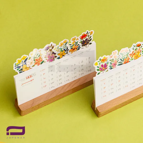 تقویم رومیزی پایه چوبی راش TH306 با صفحات برش‌خورده فانتزی به شکل گل‌های بهاری