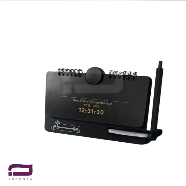 تقویم رومیزی پلکسی R1110R به همراه جعبه، خودکار با ابعاد پایه 12*21 و صفحه 9*20 سانتی متر، صحافی فنری، دارای فضای تبلیغات برای چاپ لوگو با لیزر و طلاکوب